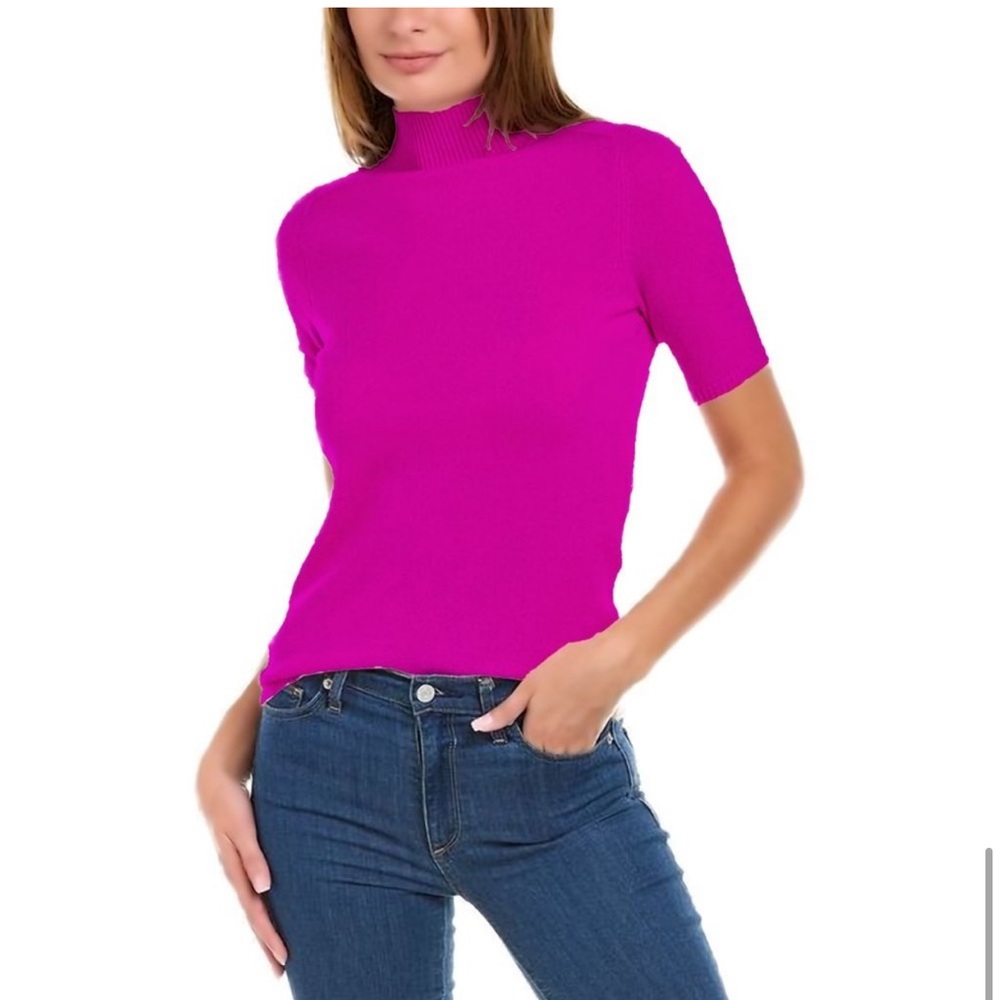 In Cashmere magenta pink short sleeve turtleneck mock neck sweater